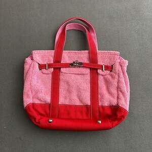 Sunwin Pink Terry Cloth Tote Bag with Red Canvas Trim and Turn-Lock Closure X9